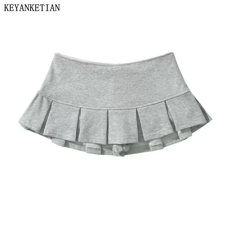 KEYANKETIAN Neuer Damen-Frottee-Stoff, niedrige Taille, Y2K-Minirock, breite Falte, Dekoration, hellgrau, Volant, A-Linie, Skort, heiß, süß
