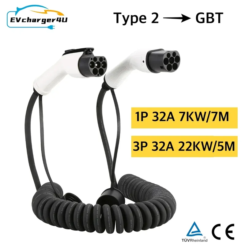 EVcharger4U 5M/7M Spirale EV Ladekabel IEC62196 Typ 2 zu GBT 7KW 22KW 1phase 3Phase 32A Für EVSE Fahrzeuge Ladestation