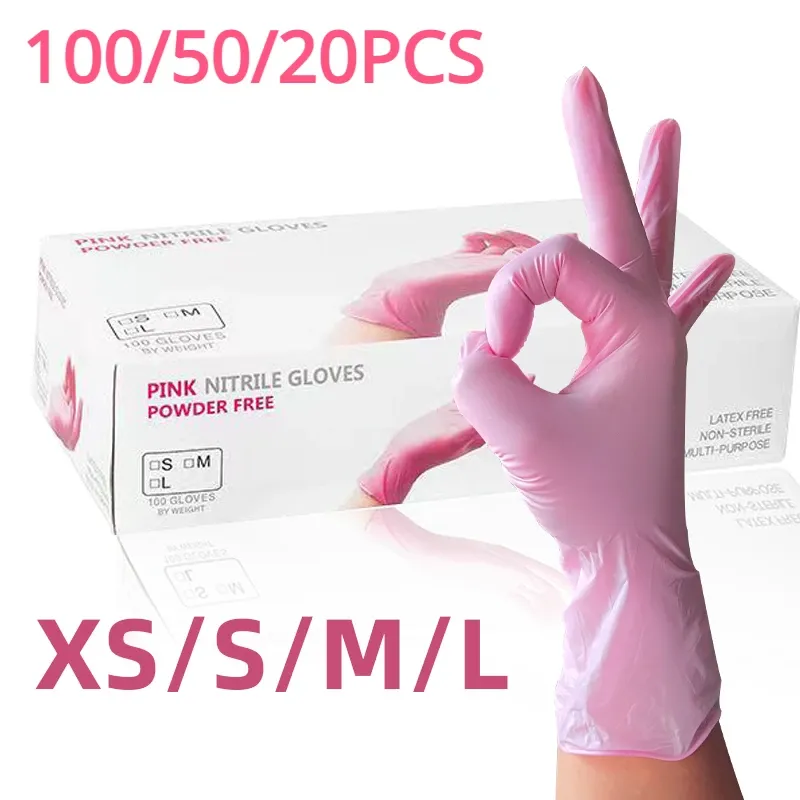 100/50/20PCS Hellrosa Einweg-Nitrilhandschuhe, wasserdicht, antistatisch, langlebig, hellrosa Handschuhe für Küchenkochutensilien