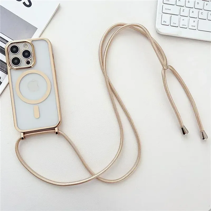 Crossbody-Lanyard-Handyhülle mit galvanisiertem, transparentem Gehäuse für iPhone 17 Air 16E 16 15 14 13 12 Pro Max, kompatibel mit MagSafe, magnetische Halskettenhülle
