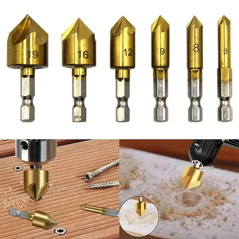 6PC Sechseckigen Griff Titan Überzogene Fünf Kanten Anfasen Messer Senkkopf Bohrer 6-19mm Holzbearbeitung Spot Facer werkzeug Set