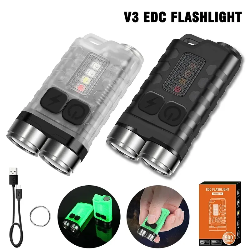 Tragbare Mini-Schlüsselanhänger-LED-Taschenlampe, Typ C, wiederaufladbar, für Camping, Wandern, Laterne, hohe Leistung, leuchtendes Blitzlicht, Taschenlampe