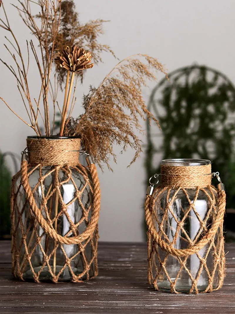 Rustikale hängende Glasvase, Seilnetz, trockene Blumen, Glasvase mit Kunst, Hanfseil, Zuhause, transparent, Wohnzimmer-Dekoration, Tischdekoration