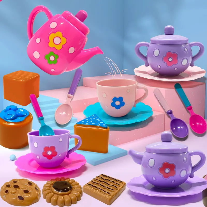 Teeservice für kleine Mädchen, Teeparty-Set, Teeservice für Kleinkinder, einschließlich Wasserkocher, Kekse, Kinderspielessen, Teeparty-Zubehör T