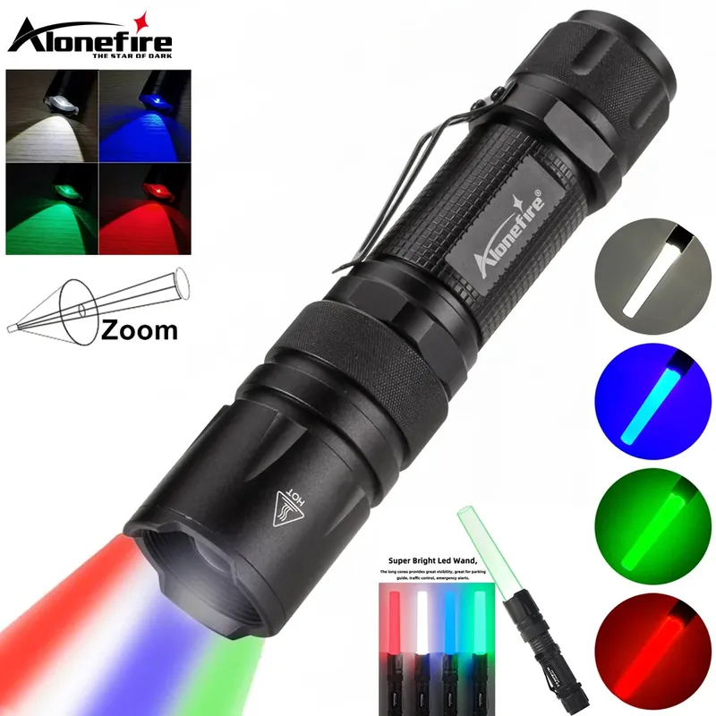 4-in-1-Taschenlampe mit mehrfarbigem Zoom, LED, Weiß/Rot/Grün/Blau, Beleuchtung, Outdoor, Jagd, Fotografie, Selfie, Wandern, Camping, Taschenlampe