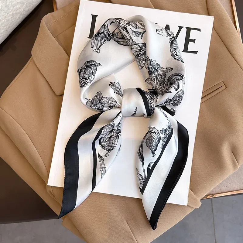 70*70cm Luxus Blumen druck Seide quadratischen Schal Frauen Foulard Haarband Hände Tasche Band Kopf Hijab Halstuch Stirnband weichen Satin