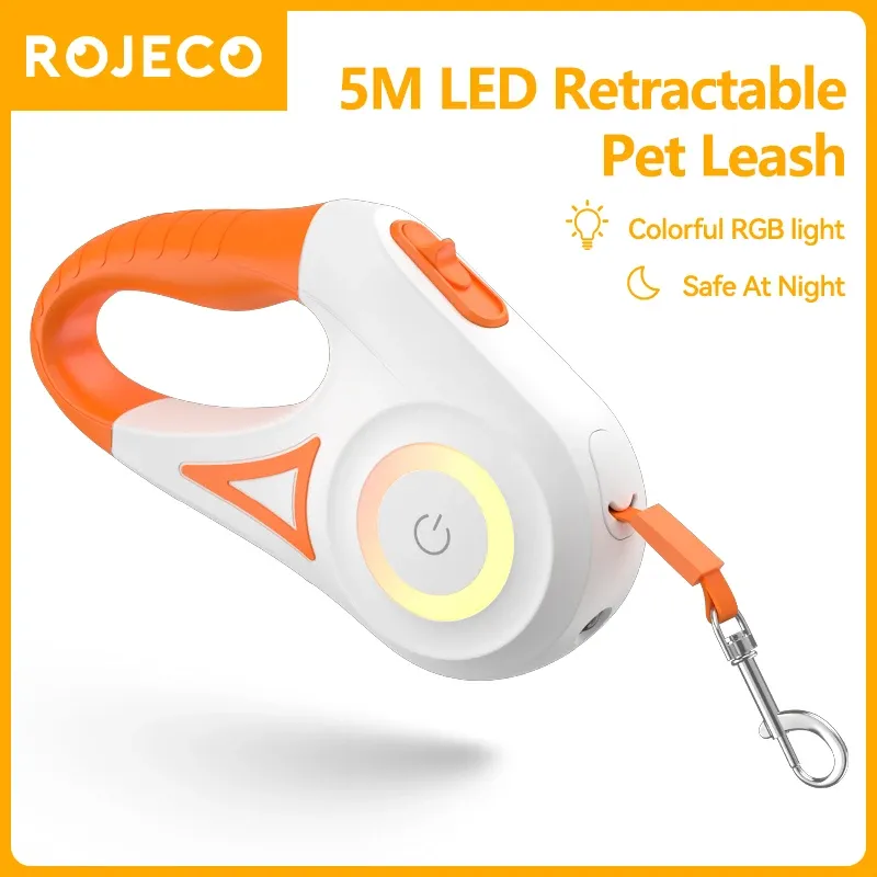 ROJECO 5M Automatische Hundeleine Einziehbare LED Leuchtende Führende Mode Lichtgurte Für Hund Welpen Haustier Flexi Walking Laufen blei