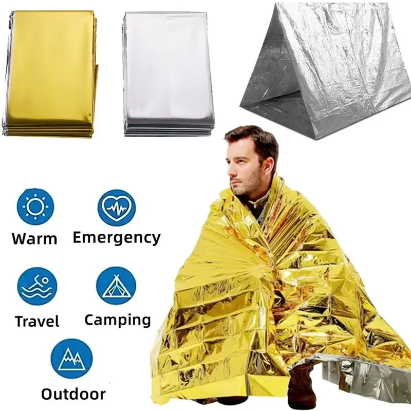 Notfall-Thermo-Poncho-Decke, leicht, faltbar, wasserabweisend, winddicht, Sonnenschutz, wiederverwendbar, für Erste-Hilfe-Camping-Matte, Pad-Abdeckung