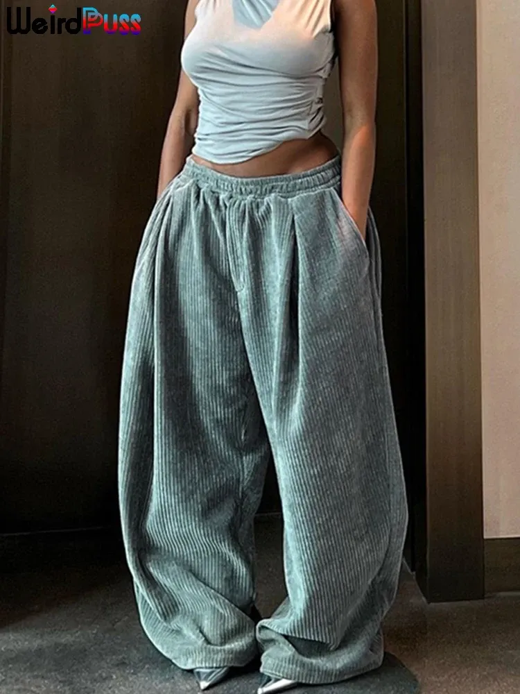 Seltsame Puss Y2K Casual Breite Bein Hosen Frauen Herbst Lose Einfache Grund Tasche Hohe Taille Hose Cord Streetwear Lange Böden
