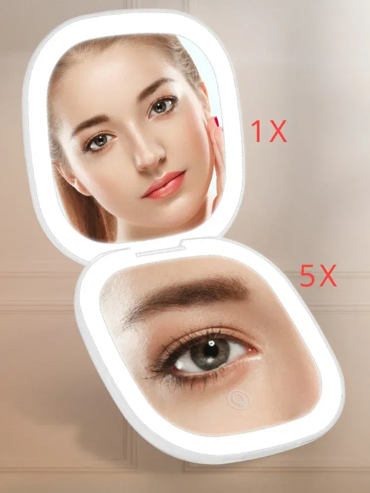 LED 5x/10X Vergrößerungs-Mini-Kompakt-faltbarer tragbarer Lade-Make-up-Spiegel mit Licht, kleine Tasche, für Reisen, kompakt