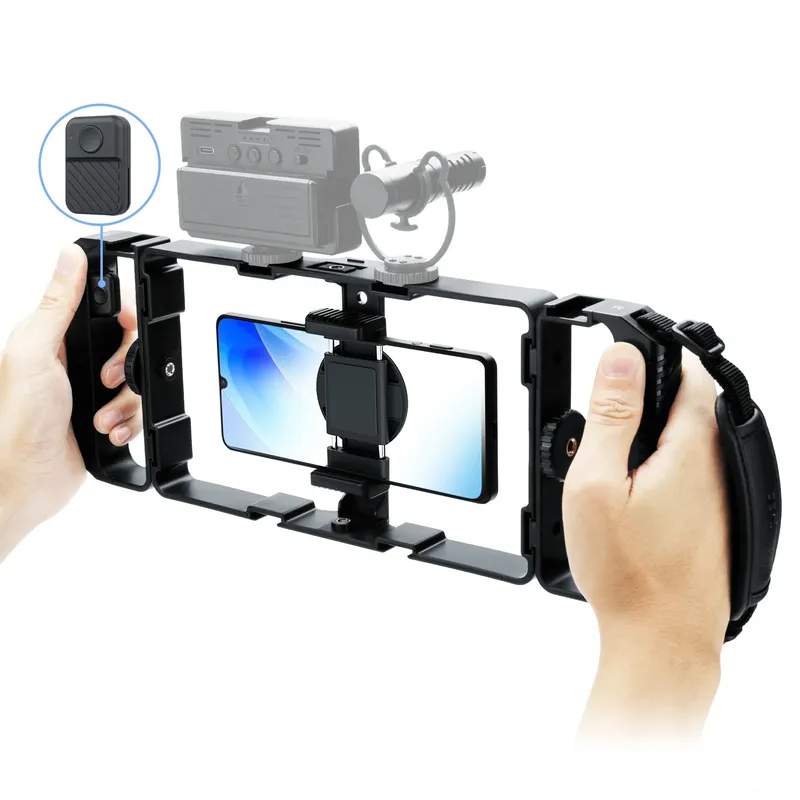 JJC Universal Smartphone Video Rig Kit mit Fernbedienung Handgriff Vlog Filmkäfig Telefon Video Stabilisator Handheld Stativhalterung