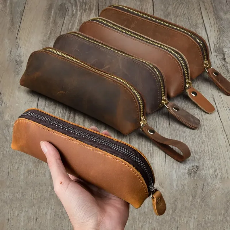 Vintage Leder Bleistift Tasche Einfache Schreibwaren Hoder Stift Fall Lagerung Tasche Zipper Bleistift Beutel Gläser Box Schule Liefert