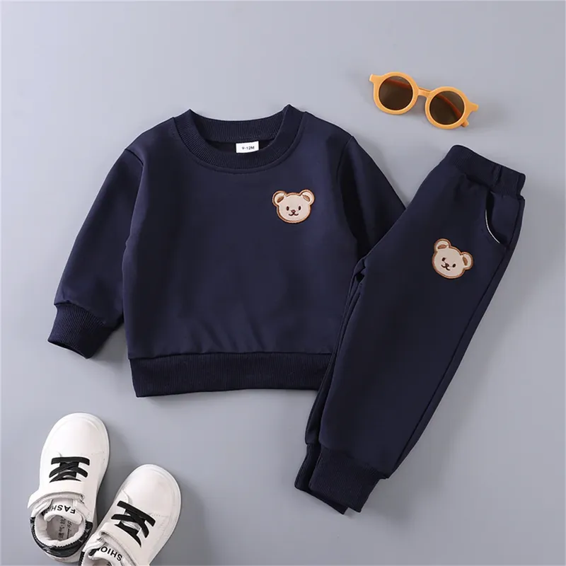 2PCS Frühling und Herbst Baby Kinder langärmelige einfache einfarbige Polyester kleine Bär bestickte Hoodie Set von zwei