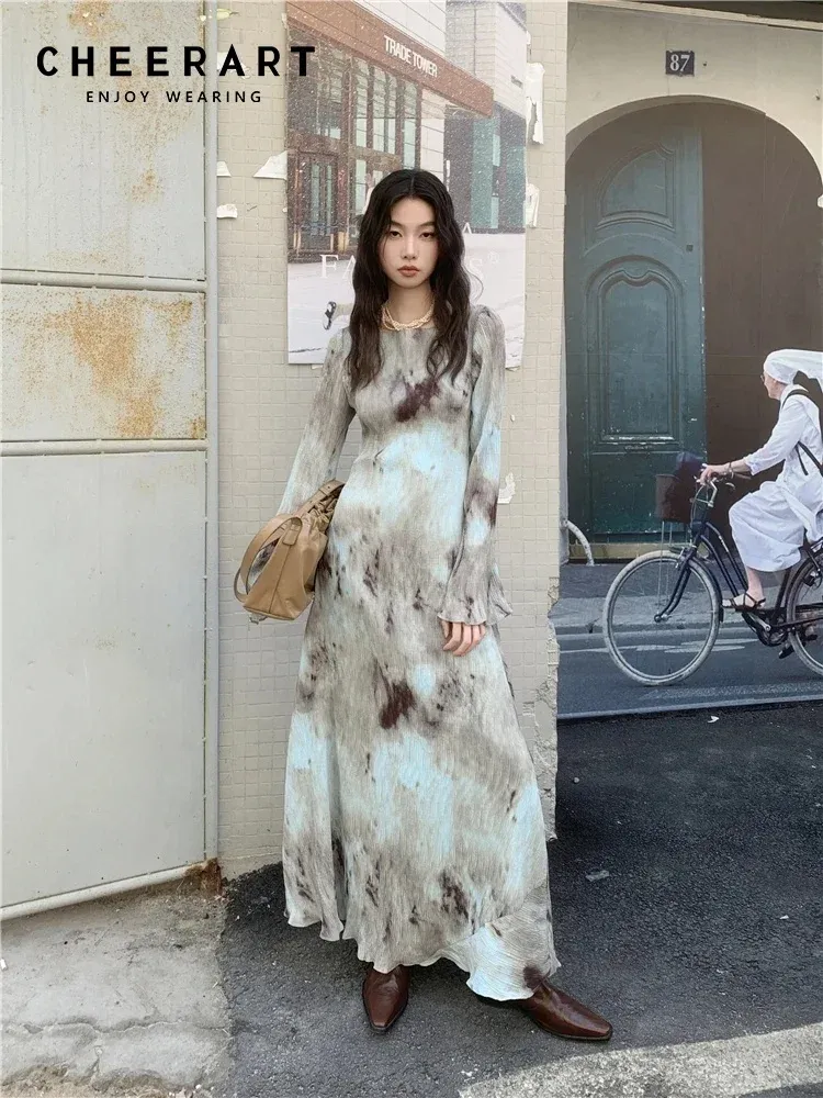 CHEERART Designer Plissee Französisch Langes Maxikleid Für Frauen Flare Langarm Swing A-Linie Kleid Herbst Kleidung