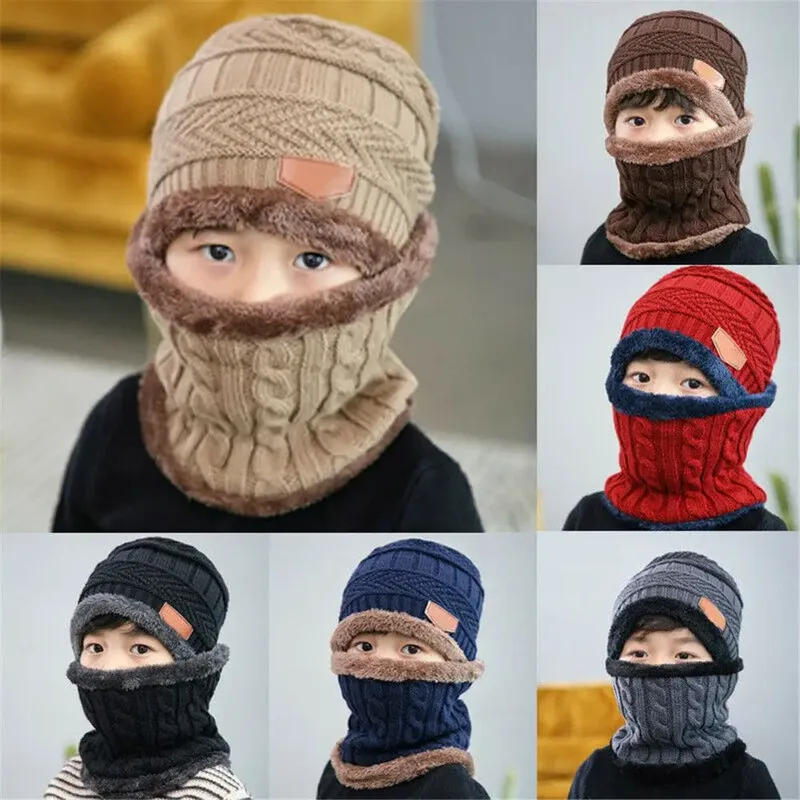 Kinder Winter Halstuch Mütze Set Mode Beanie Warme Mütze Schal Set Hals Abdeckung Fleece Gestrickte Dicke Ski Cap Warme Sturmhaube Hut