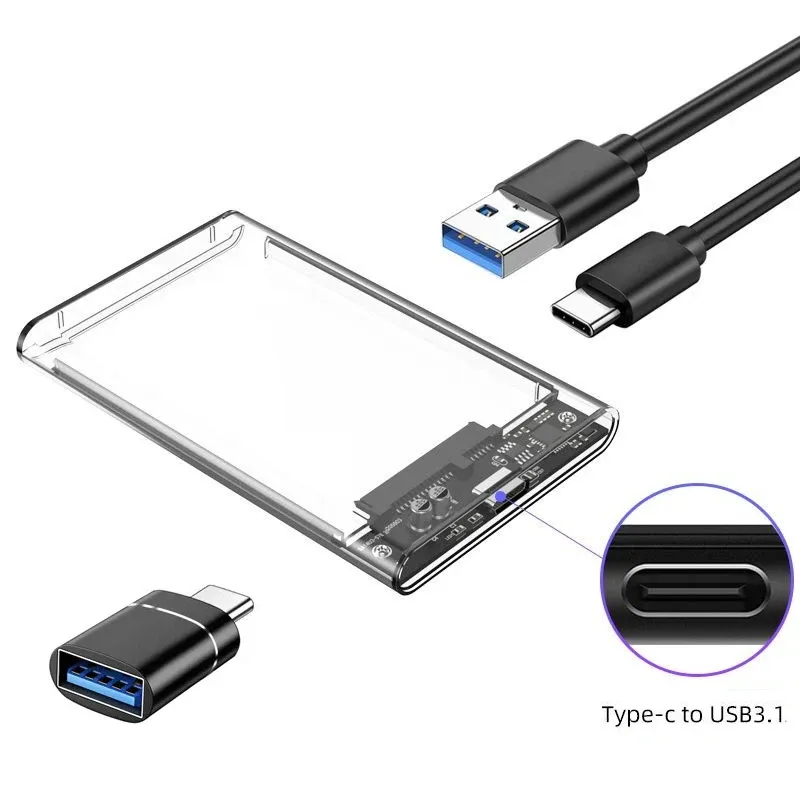 2,5-Zoll-USB-C-Festplattengehäuse USB 3.1 zu SATA III 6 Gbit/s Klare externe Festplattengehäuse für 7 mm 9,5 mm 2,5 Zoll SATA SSD HDD