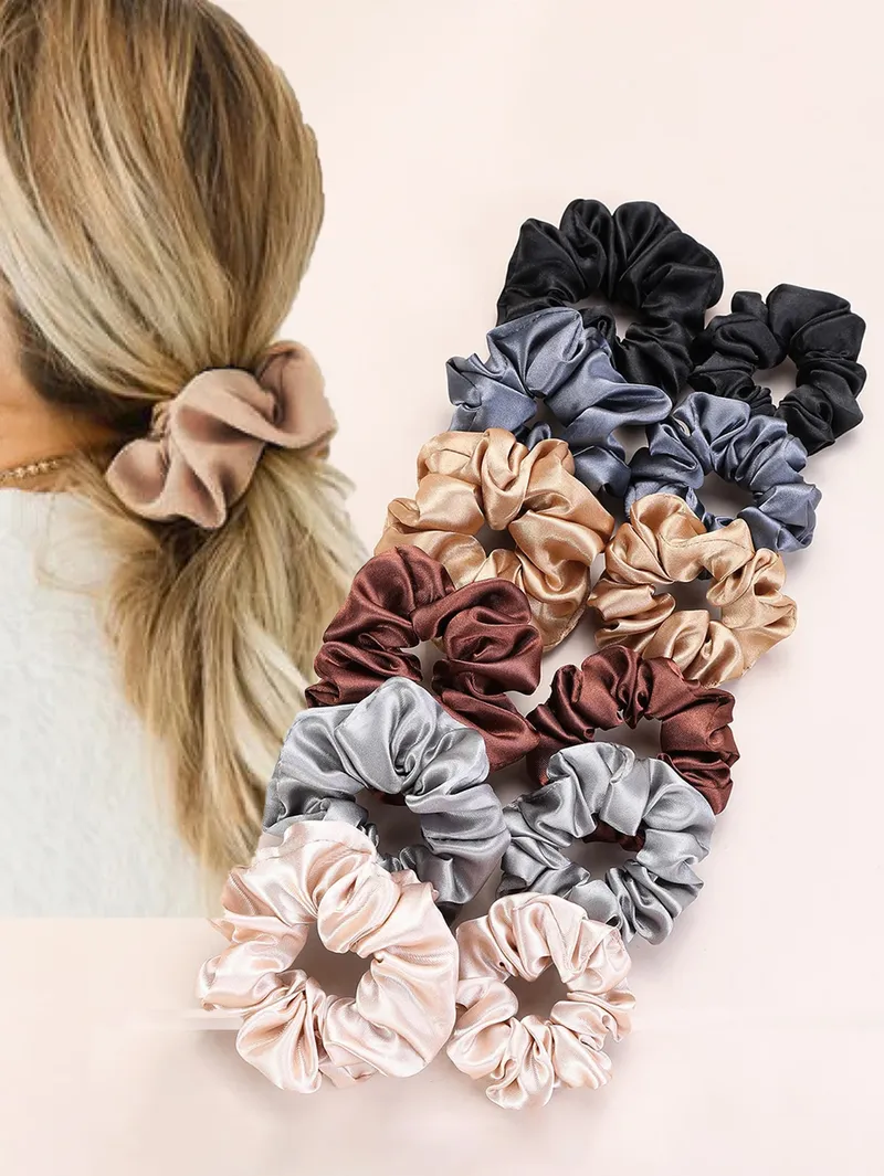 12 Stück mehrere gemischte Farben-Outfits für Damen, modische und helle Satin-Dick-Darm-Haarringe, hohe Elastizität, bequem