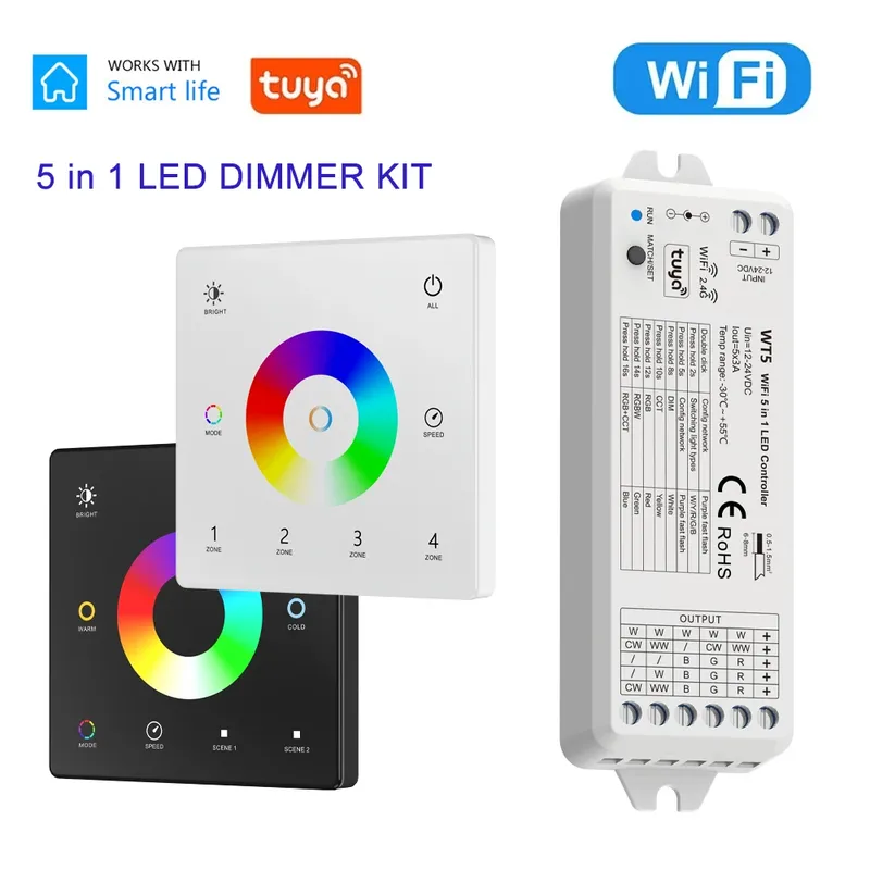 Tuya wifi 5 in 1 led controller kit rf 2,4g glas wand montage touch panel rgbcct led smart dimm steuerung dc 12v 24v dimmer