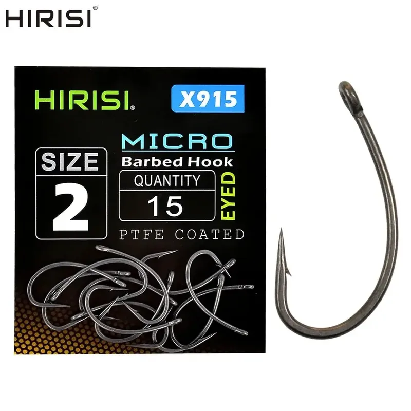 Hirisi 15x Karpfen Angelhaken mit Öse Micro Barb High Carbon Steel Angelhaken PTFE-beschichtetes Angelzubehör X915