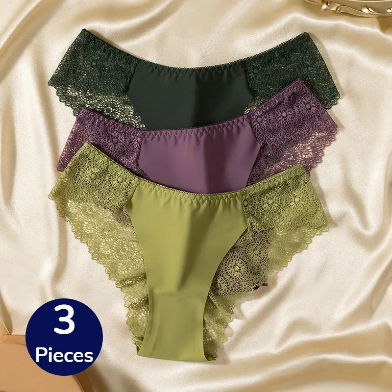 TrowBridge 3 Teile/satz Süße Damen Höschen Seide Satin Unterwäsche Spitze Sexy Dessous Mädchen Atmungsaktive Slips Weiche Bequeme Höschen