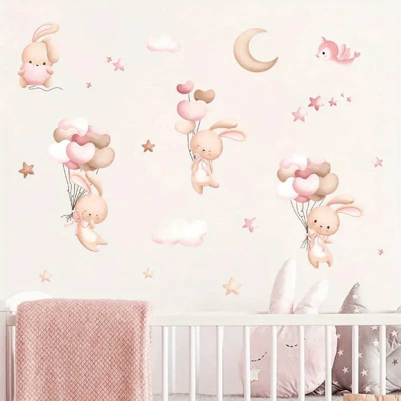 Wandaufkleber mit Cartoon-Motiv, niedliches Kaninchen, Ballon, Tier, abnehmbar, für Kinderzimmer, Wohnzimmer, Kinderzimmer, Hintergrund, Dekoration, Wandaufkleber