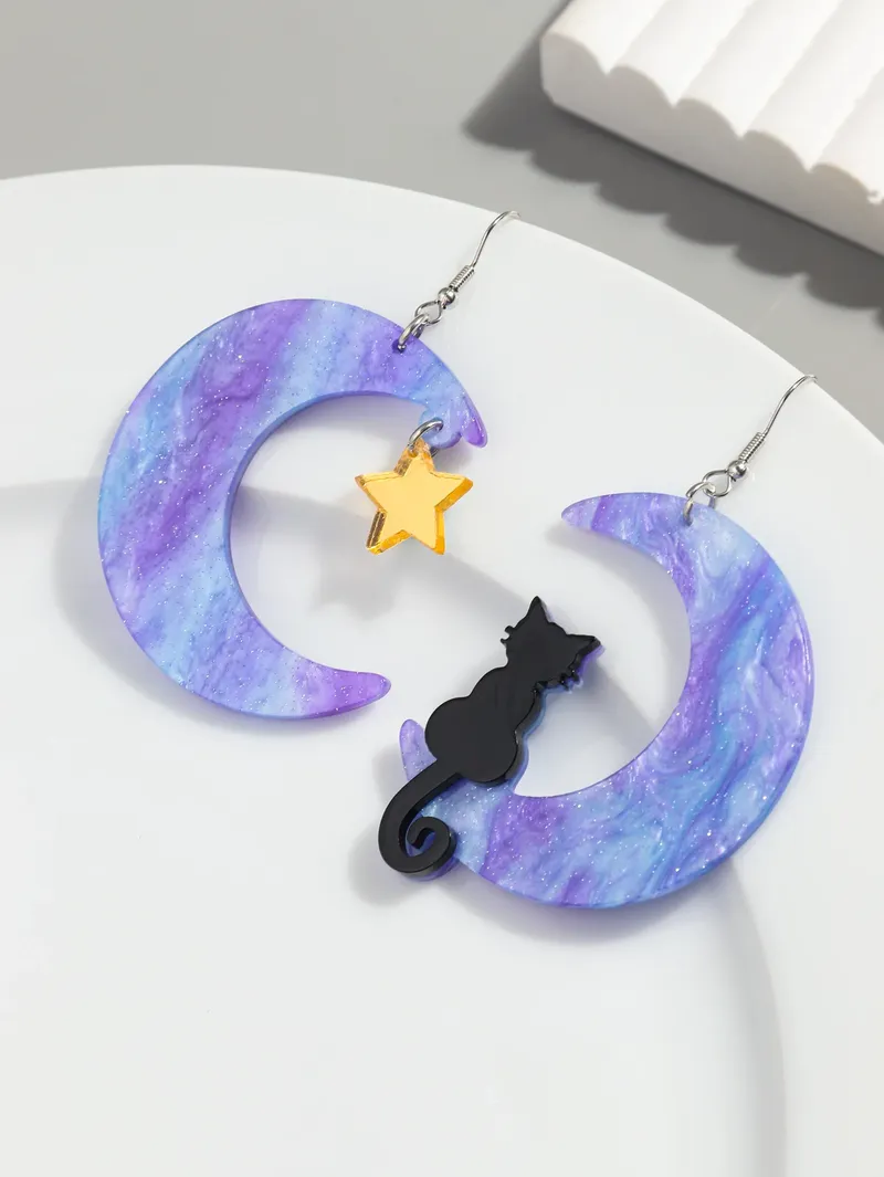 FishSheep Neue Reizende Acryl Mond Katze Tropfen Ohrringe für Frauen Nette Schwarze Tropfen Katze Stern Anhänger Ohrringe Modeschmuck Geschenke