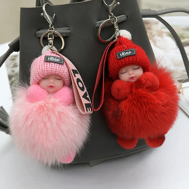 Pompom schlafendes Baby Schlüsselanhänger süße flauschige Plüschpuppe Schlüsselanhänger Frauen Mädchen Taschen Schlüsselanhänger Autos Schlüsselanhänger Geschenk charmante Dekoration