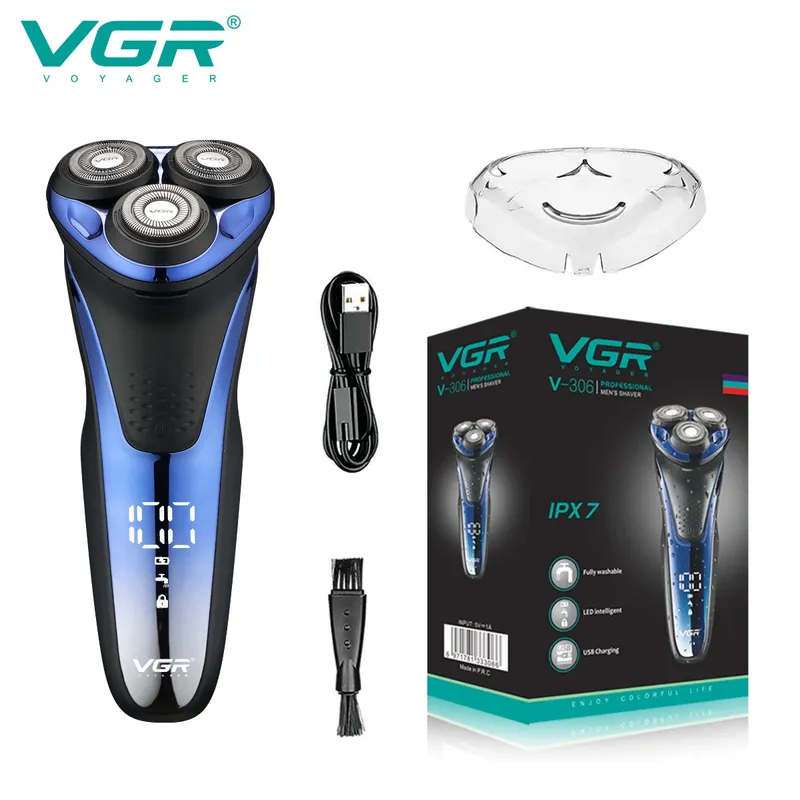 VGR Elektrorasierer, professioneller Rasierer, wasserdichter Bartschneider, rotierender 3D-Schwimmrasur, wiederaufladbar, elektrisch, für Männer V-306