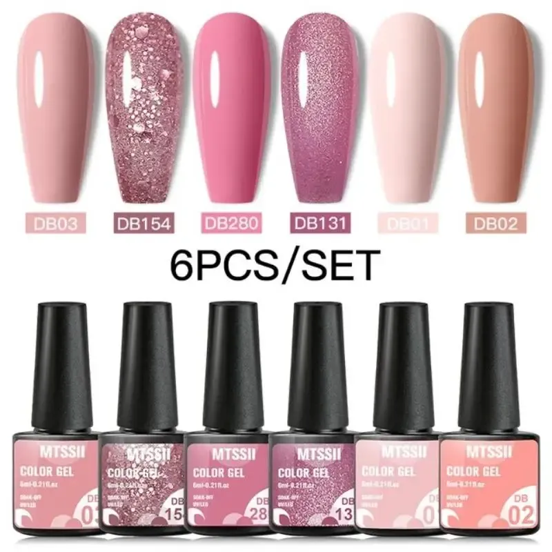 Mtssii 6 Teile/satz Rosa Glitter Gel Nagellack Set Pailletten Semi Permanent Basis Matte Top Mantel Soak Off LED UV Nail art Gel Lack