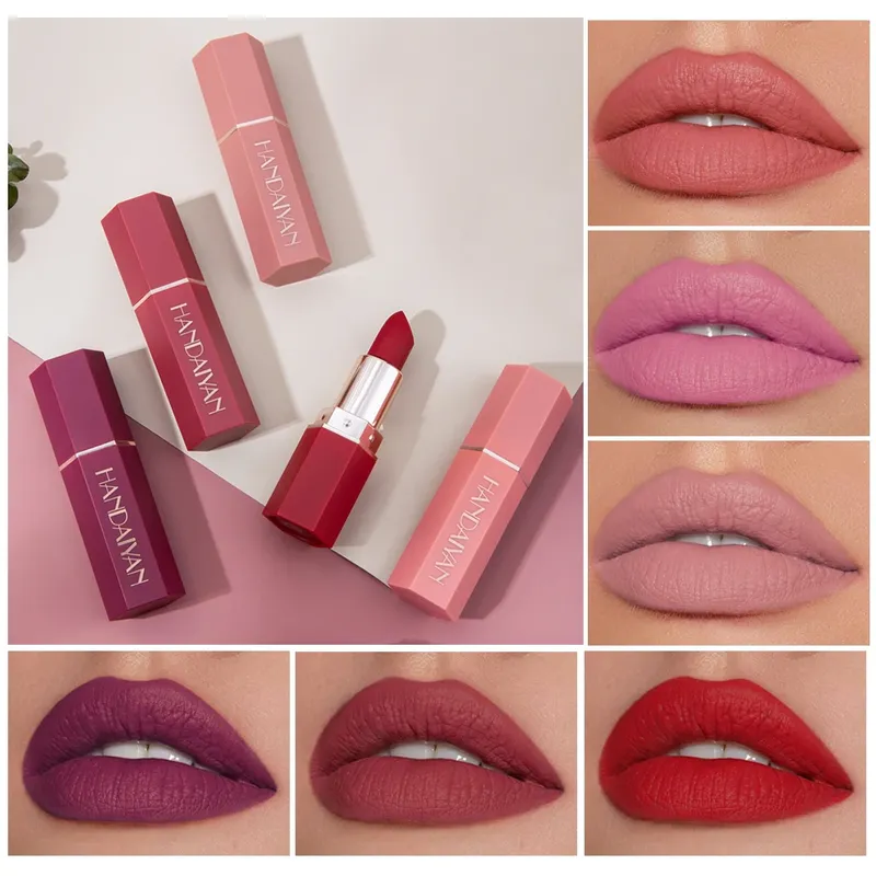 6-farbiger mattierter Lippenstift, lichtbeständig, antihaftbeschichteter Becher, langanhaltendes Samt-Finish, glatte, matte Lippenfarbe, wasserfest, wischfest