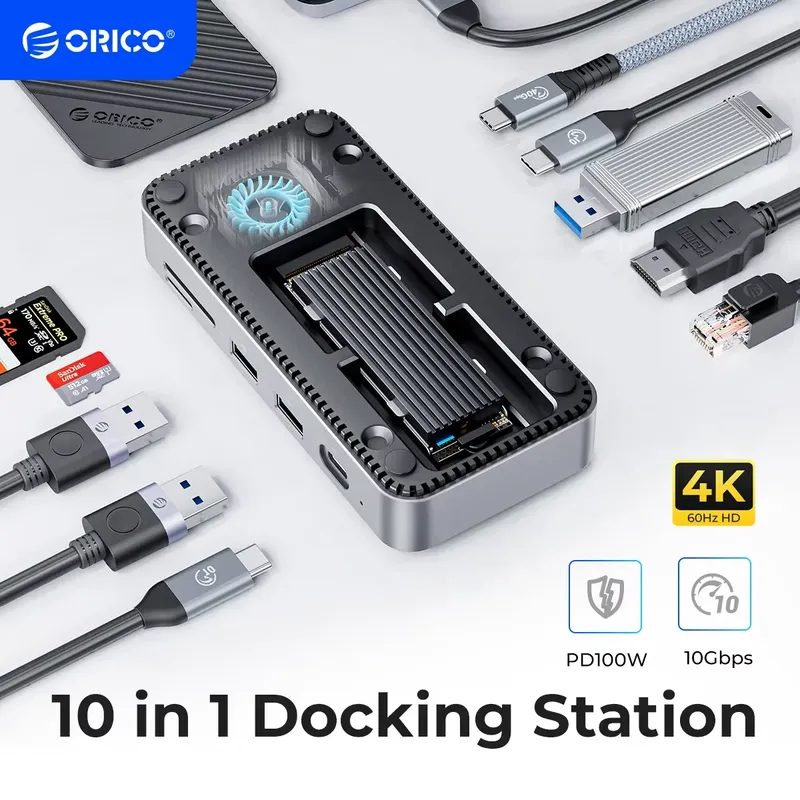 ORICO-USB C HUB mit Lüfter M.2 NVMe SATA SSD Gehäuse Externe 10 Gbit/s 4K 60 Hz HDMI-Com RJ45 SD TF Dockingstation