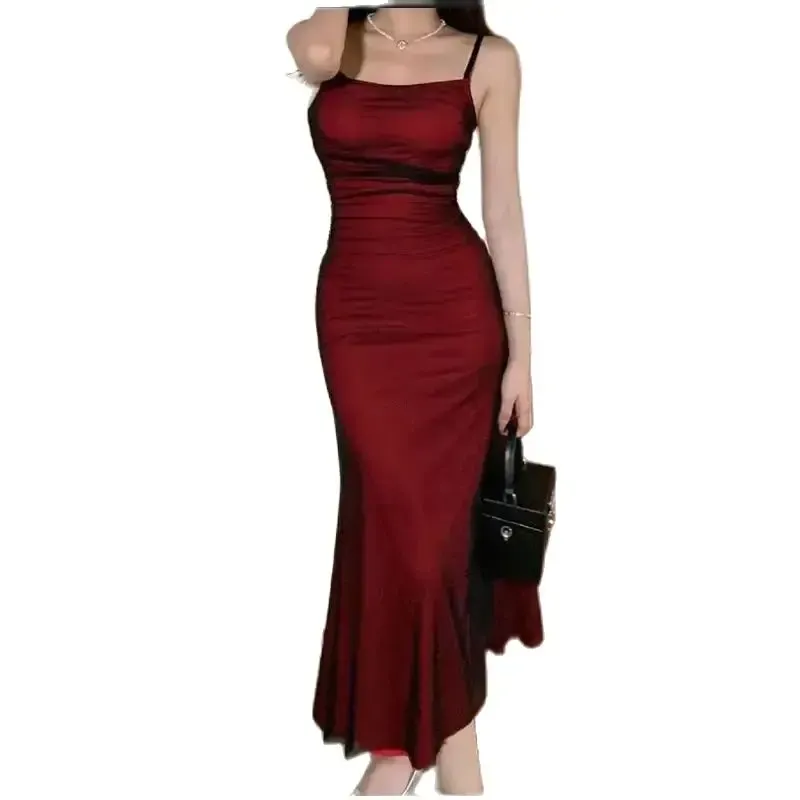 Französisch Frauen ärmellose Bodycon Korsett Maxi kleid Wein rot Spaghetti träger geraffte elegante Abend party lange Vintage Kleider