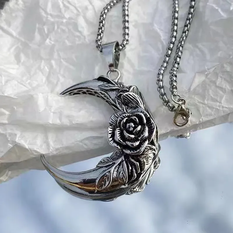 Vnox Big Moon mit Rosen-Anhänger-Halskette für Männer und Frauen, cooles Unisex-Pflanzenhalsband, Gothic-Punkrock-Schmuck