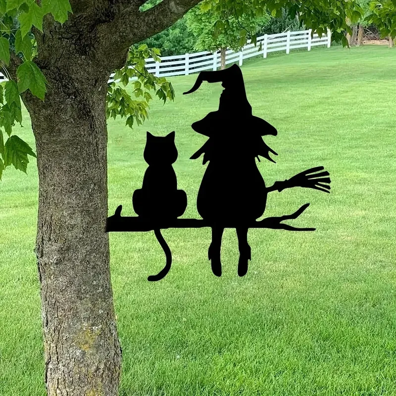 Eisensilhouette, niedliche Hexe und Katze, Gartenstecker auf dem Ast, Hof, Kunstdekoration, Baumstumpf-Plug-in, für Garten, Rasen, Innenhof