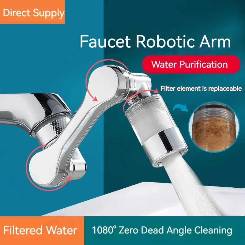 1080 °   Rotierender Wasseraufbereitungsfilter, Kunststoffhahn, mechanischer Arm, Sprühkopf, Küche, Waschbecken, Verlängerung, Wasserhahn, Belüfter, Univer