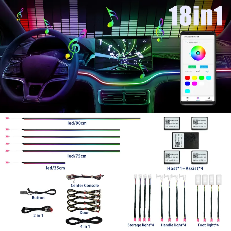 18-in-1 128 bunte RGB Symphony Car Ambient Interior LED Universal Mehrere Modi Dekoration Atmosphäre Lichter App-Steuerung