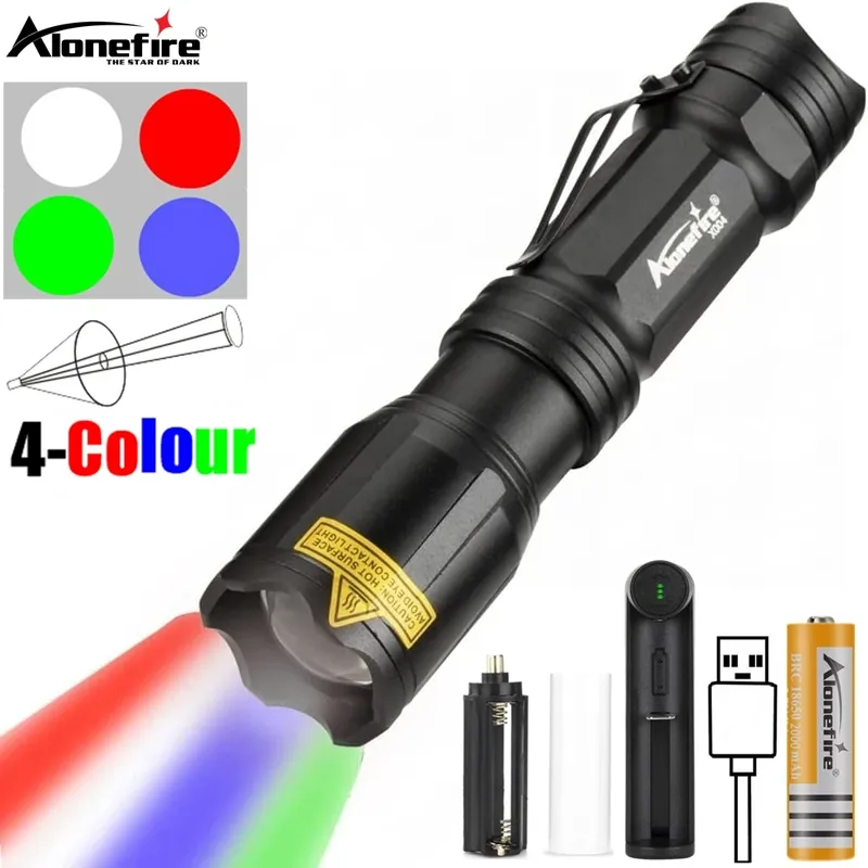 Zoom 4-Farben Licht LED Taschenlampe weiß/rot/grün/blau Außen beleuchtung Angeln Camping Jagd Fotografie Selfie Wander fackel