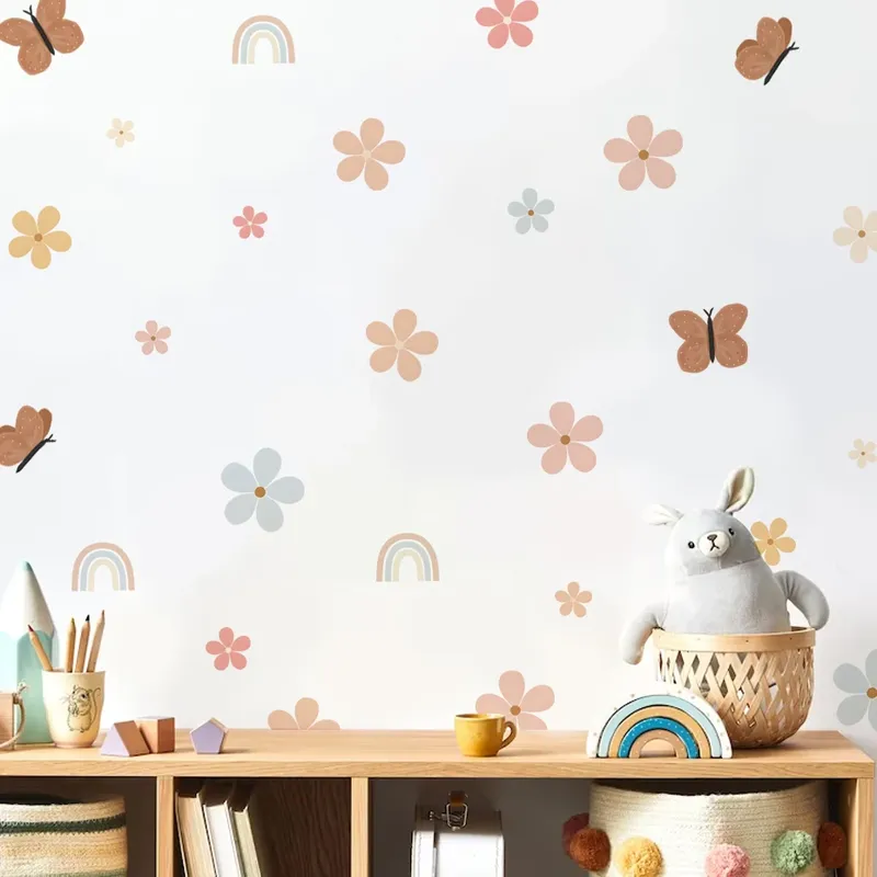 Boho Aquarell Blumen Regenbogen Schmetterling Kinderzimmer Wandaufkleber für Kinderzimmer Wohnzimmer Dekor Wandtattoos Tapete
