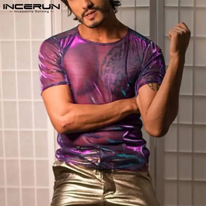 INCERUN 2024 Männer T Shirt Mesh Durchsichtig Shiny O Hals Kurzarm Sexy T Tops Streetwear Solide Party Nachtclub Männer kleidung