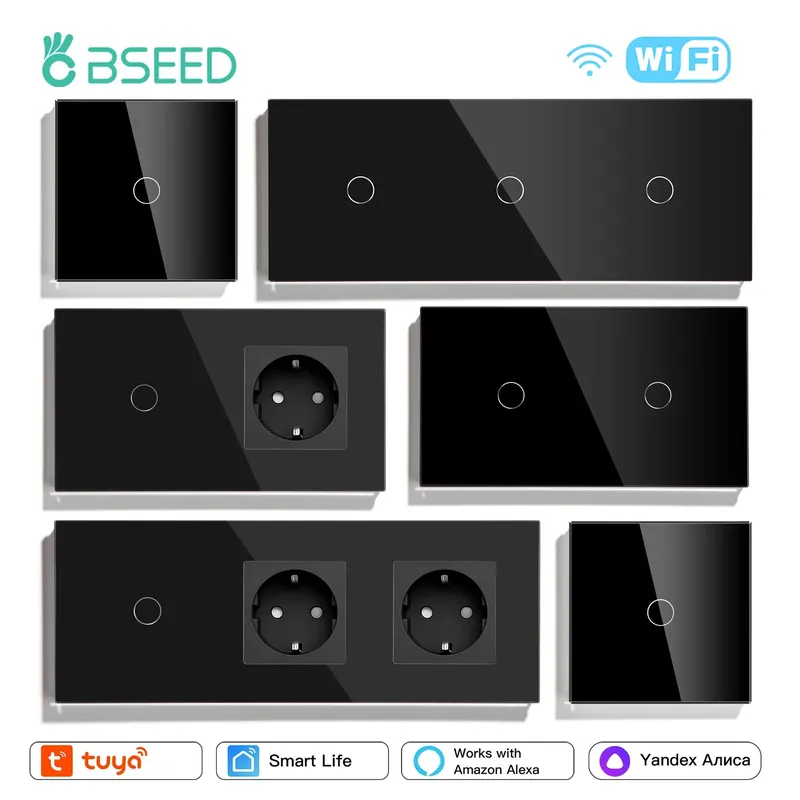 BSEED Wifi 1/2/3Gang Licht Schalter Touch Sensor Glas Schalter Tuya Smart Leben Alexa Control Plus EU Steckdosen Neutral Draht