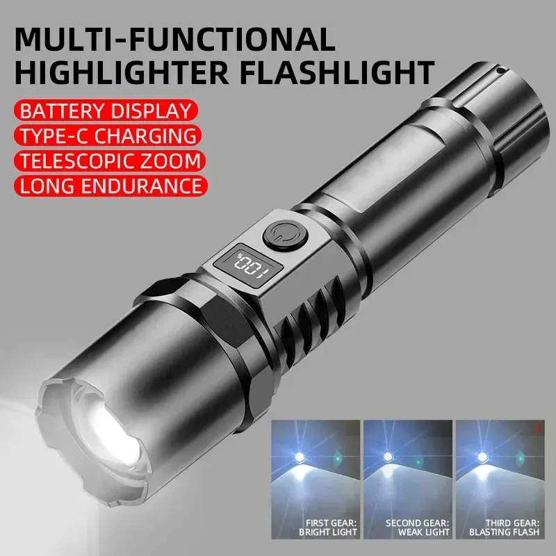 High Power XHP100 LED-Taschenlampe, wiederaufladbar, einziehbare Taschenlampe, digitaler Zoom, USB-Handlicht für Camping, Outdoor und Emerge