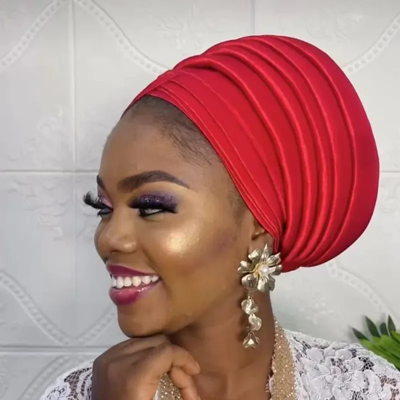 Afrikanische Frauen Auto Gele Headtie Nigeria Dame Plissee Kopf Wraps Muslimischen Kopftuch Motorhaube Turbante Mujer