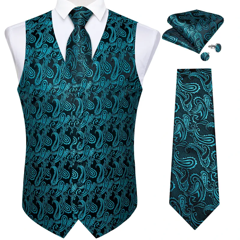 Blaugrün blau Paisley Anzug Weste für Männer Luxus Hochzeit Abschluss ball Weste Krawatte Tasche quadratische Manschetten knöpfe für Smoking Bräutigam Männer Kleidung