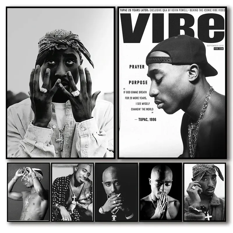 Schwarz-Weiß Pop Hip Hop Rapper 2PAC Poster Tupac Musik Album Cover Ästhetisch für Zimmer Leinwand Malerei Kunst Wand Home Decor