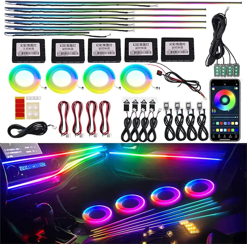 Auto-Umgebungslicht, 18-in-1, RGB, 64 Farben, Symphonie-Innenraum, Acryl-Führung, Faserstreifen, Dekoration, Atmosphärenlicht mit App-Steuerung