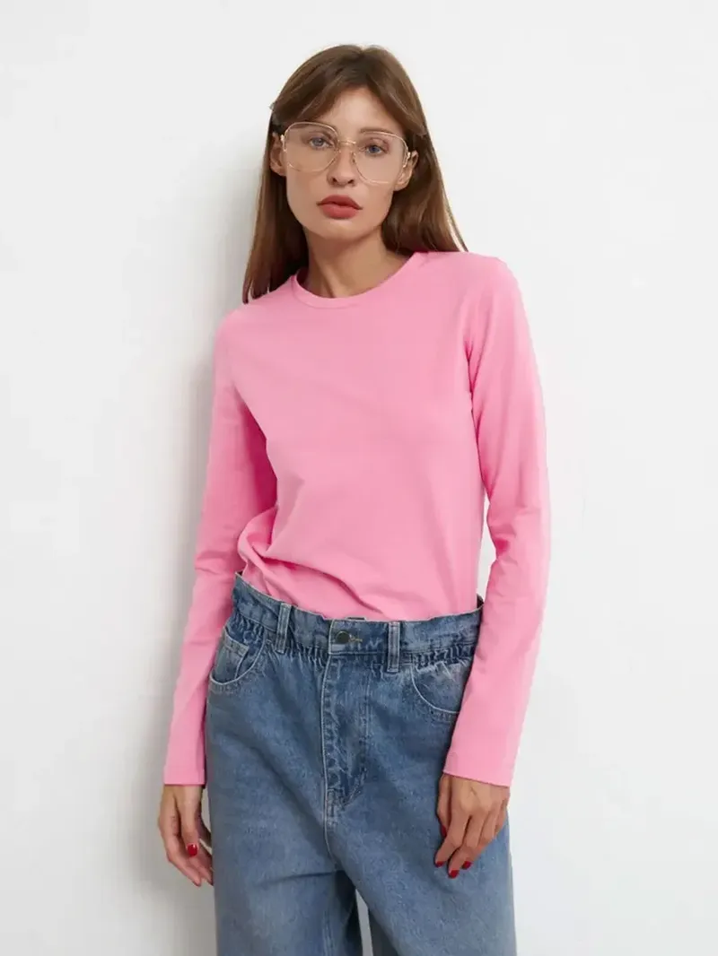 Wolfeel Damen Frühling Herbst 100 % Baumwolle T-Shirt Bottoming Basic Solid Lady Langarm Lose Tops Shirts Übergroßes T-Shirt
