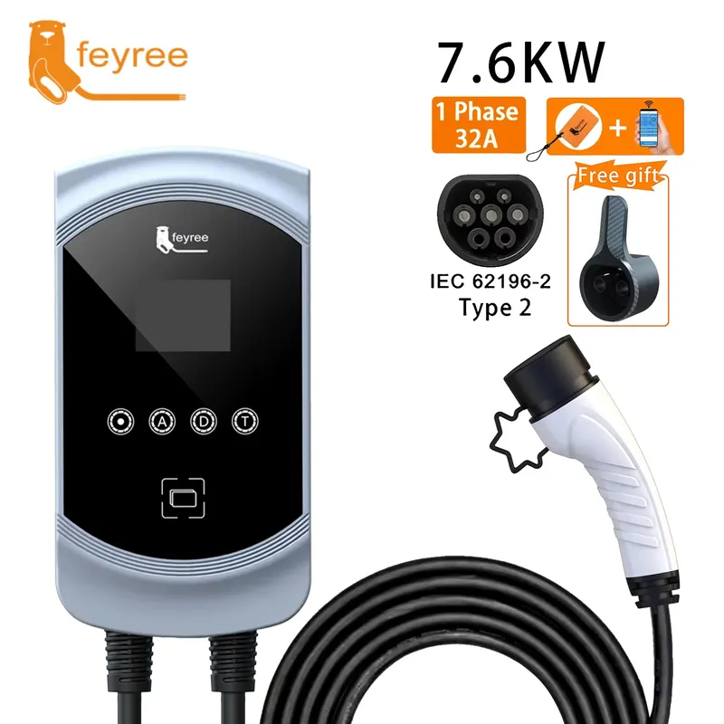 Feyree EV-Ladegerät 32 A 7,6 kW Elektrofahrzeug-Autoladegerät EVSE Wallbox 11 kW 22 kW 3 Phasen Typ2-Kabel IEC62196-2 Steckdose APP-Steuerung