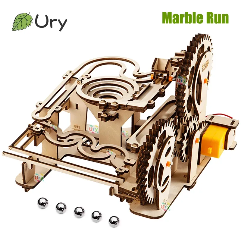 Ury 3D-Holzpuzzles, elektrisches Katapult-Trackgerät, Marmor-Lauf-Set, mechanisches Modell, wissenschaftliches Labyrinth, 5 Bälle, Montage, Geschenk für Kinder