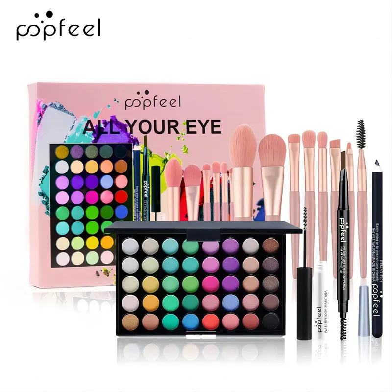 POPFEEL Augen-Make-up-Set, 40-Farben-Lidschatten-Palette, Augenbrauenstift, Eyeliner-Stift, Mascara mit einem Satz Make-up-Pinsel, Augenkosmetik