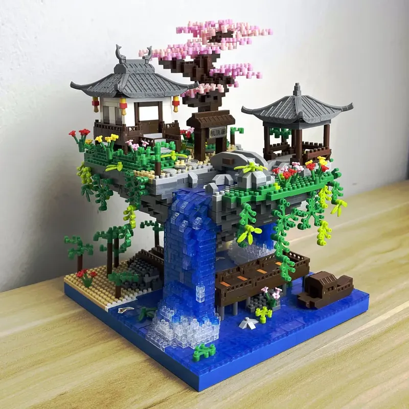 Mikrostein-Bausteine-Set mit Taohuatan-See-Motiv, kreatives Spielzeug für Erwachsene, einzigartige chinesische Landschaftsmodellsteine mit LED-Licht
